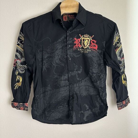 Rebel Spirit A Royal Way of‎ Life Shirt Mens Large Black Dragon Embroidered - Picture 1 of 9